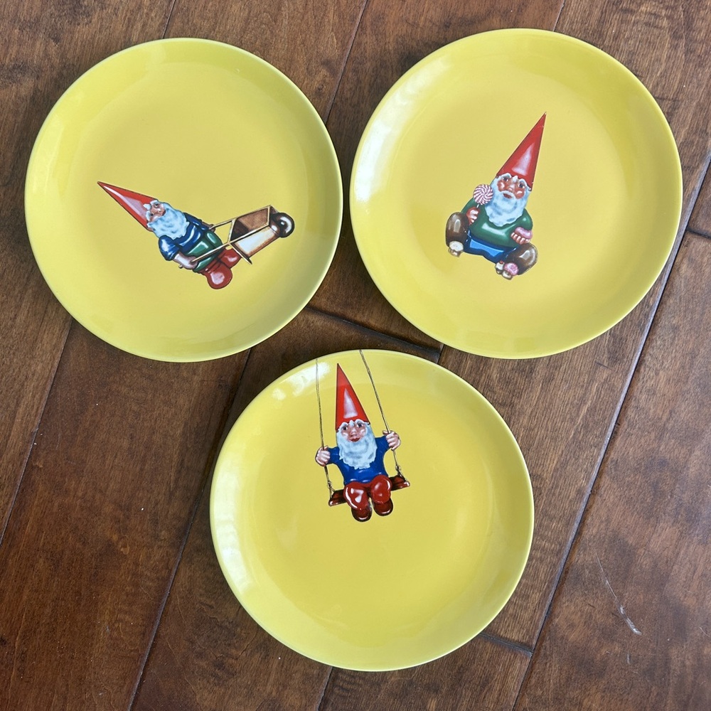 Yellow gnome plates set of three, 8”